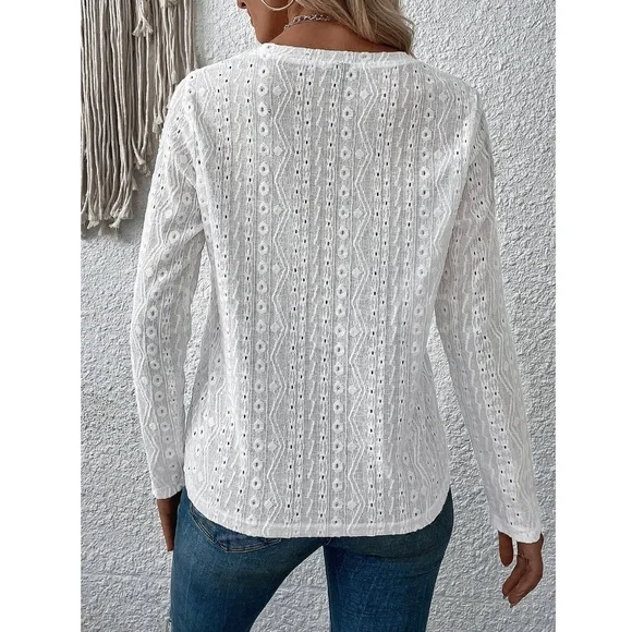 White Long Sleeve Tee Shirt Eyelet Embroidery Somewhat Sheer Round Neck - Picture 5 of 9